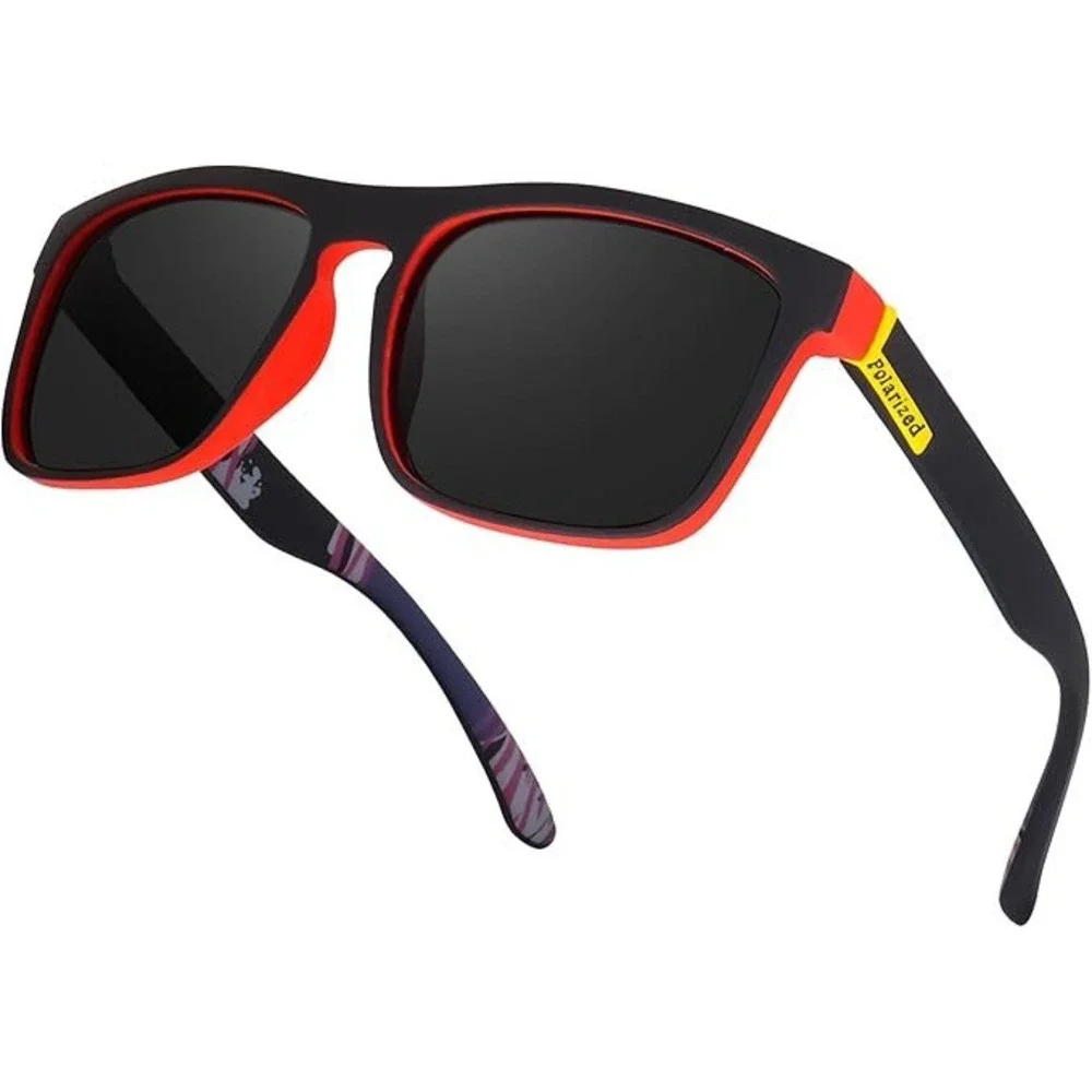 Mens Polarized Sunglasses Black Red Frame Sporty Style Wrap Around UV Protection